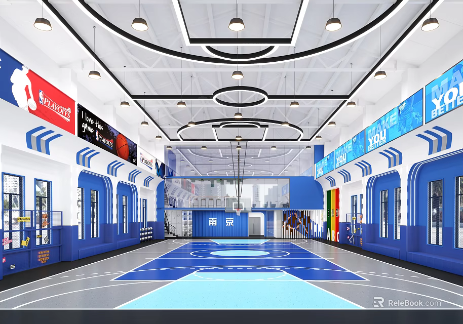 Spacious Basketball Gymnasium Interior With Blue Flooring And Branded Walls 3d model 