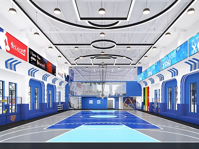 Spacious Basketball Gymnasium Interior With Blue Flooring And Branded Walls 3d model