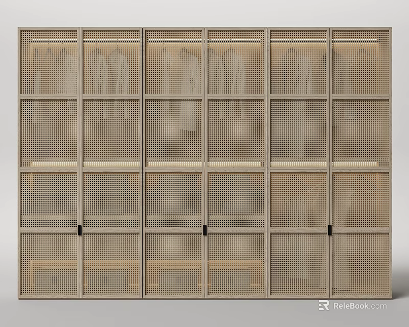 Modern Wooden Wardrobe With Grid Panel Doors And Multiple Modular Compartments 3d model