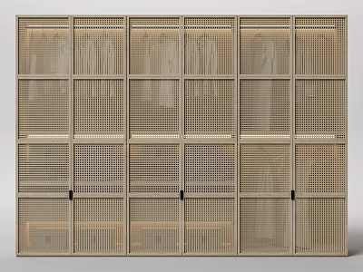 Modern Wooden Wardrobe With Grid Panel Doors And Multiple Modular Compartments 3d model