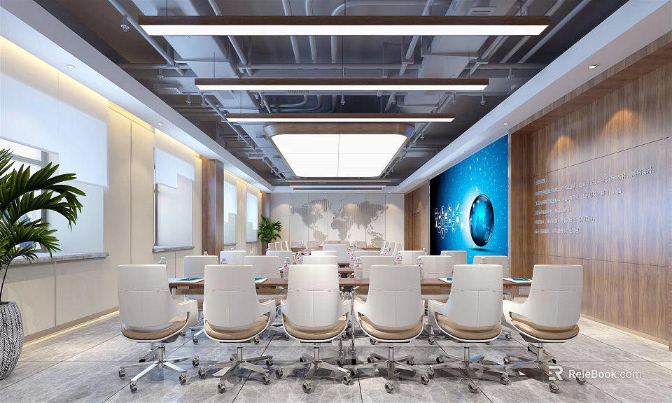 Modern Conference Room With Large Table White Chairs Ceiling Lights And Blue Backdrop 3d model 