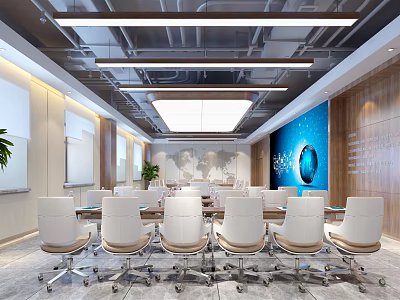Modern Conference Room With Large Table White Chairs Ceiling Lights And Blue Backdrop 3d model