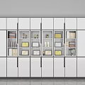 Modern White Bookcase With Black Handles Filled With Books Trophies Photo Frames And File Boxes