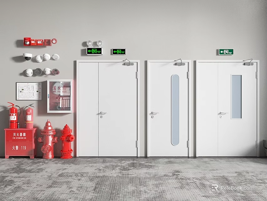 Fire Equipment Setup With Red Hydrants White Fire Doors And Green Exit Signs 3d model 