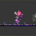 Child singing with music notes and cute animals on round pink spiral platform