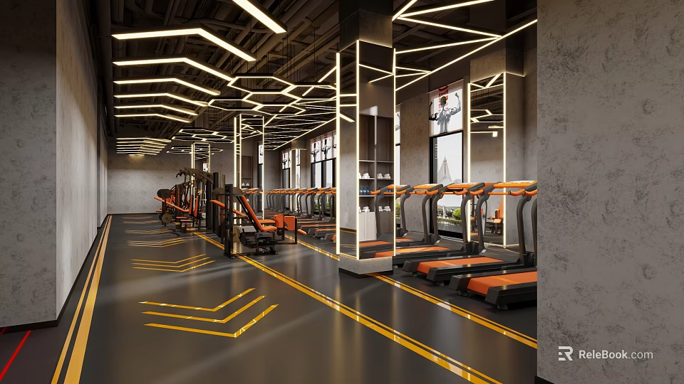 Modern Fitness Gym Interior With Geometric Lighting Treadmills And Equipment 3d model 