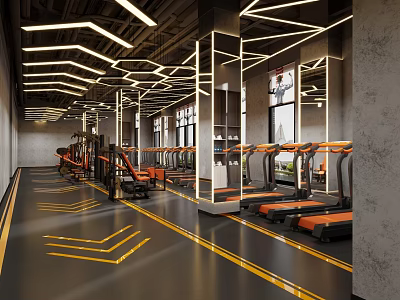 Modern Fitness Gym Interior With Geometric Lighting Treadmills And Equipment 3d model