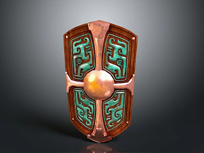 Decorative Shield With Copper Frame Green Ornate Patterns And Central Metallic Sphere 3d model