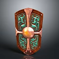 Decorative Shield With Copper Frame Green Ornate Patterns And Central Metallic Sphere