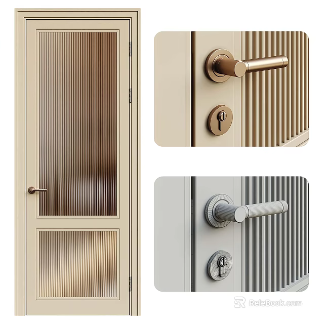 Modern Hinged Door Interior Design With Ribbed Glass Panel And Brushed Metal Handle 3d model 