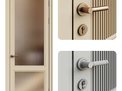 Modern Hinged Door Interior Design With Ribbed Glass Panel And Brushed Metal Handle 3d model
