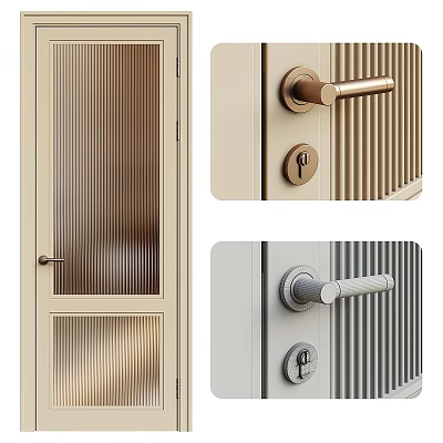 Modern Hinged Door Interior Design With Ribbed Glass Panel And Brushed Metal Handle 3d model