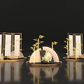 Elegant Chinese Decorative Display With Golden Screens Fan Shaped Ornaments Trees And Rock Formations