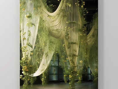 Abstract Painting With Green Vines White Hanging Fabrics And Yellow Flowers 3d model