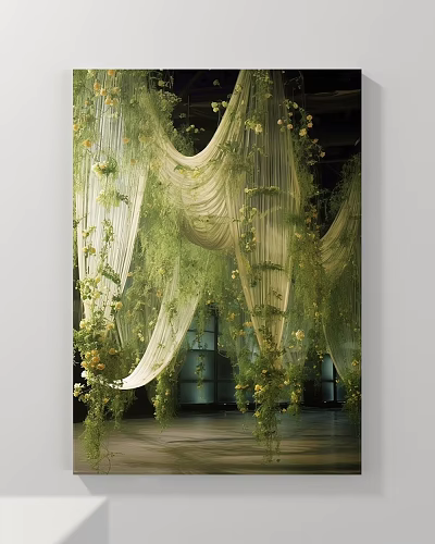 Abstract Painting With Green Vines White Hanging Fabrics And Yellow Flowers 3d model