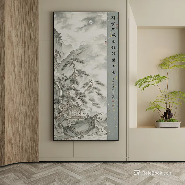 Elegant Abstract Painting Wall Art Framed for Modern Interior Decor with Green Plant 3d model 