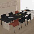 Modern Dining Table with Gray Brown Chairs Fruit Platter and Island Counter in Bright Room