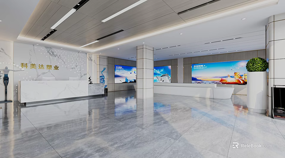 Modern Spacious Front Desk Reception Area With Marble Surface And Large Screens 3d model 