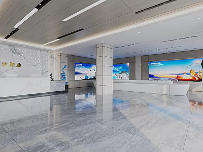 Modern Spacious Front Desk Reception Area With Marble Surface And Large Screens 3d model