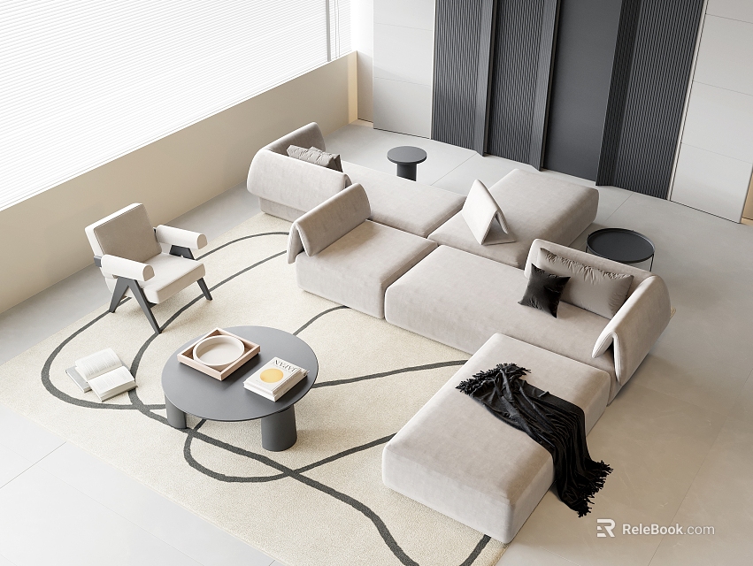 Modern Light Gray Sofa Coffee Table Set With Chair Area Rug Throw Pillows And Blanket 3d model 