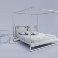 Double Bed with Four Poster Wooden Frame Upholstered Headboard and Wooden Chairs