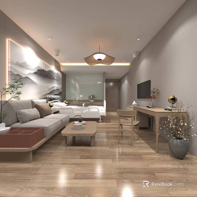 Modern Living Room Interior With Mountain Painting Sofa Coffee Table TV And Wooden Floor 3d model 