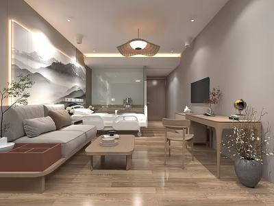 Modern Living Room Interior With Mountain Painting Sofa Coffee Table TV And Wooden Floor 3d model