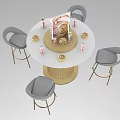 Round Dressing Table With White Countertop Golden Legs Gray Bar Stools Cosmetics Candles Open Magazine