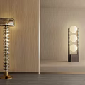 Modern Floor Lamps With Spiral Design And Three Round Bulbs On Wooden Wall Beige Background
