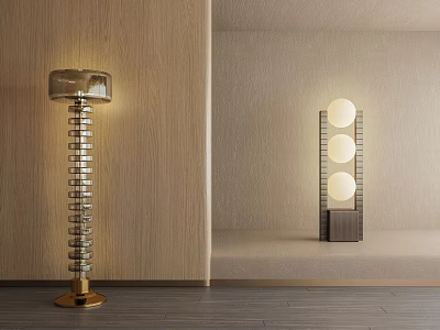 Modern Floor Lamps With Spiral Design And Three Round Bulbs On Wooden Wall Beige Background 3d model