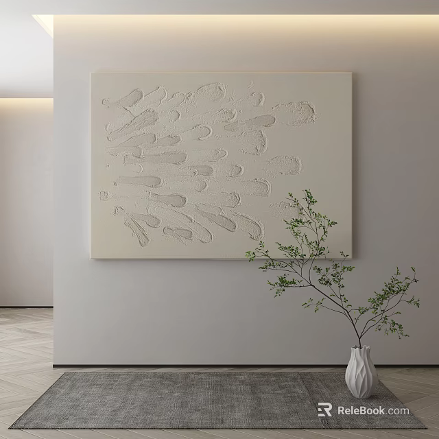 Minimalist Textured Wall Art With White Vase And Green Plant Decor 3d model 