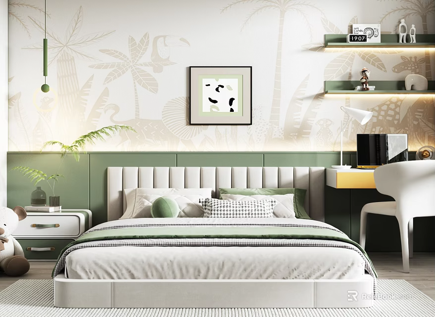 Kids Room Interior With Palm Flamingo Wallpaper Panda Painting Green Headboard White Bed And Pillows 3d model 
