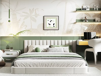 Kids Room Interior With Palm Flamingo Wallpaper Panda Painting Green Headboard White Bed And Pillows 3d model