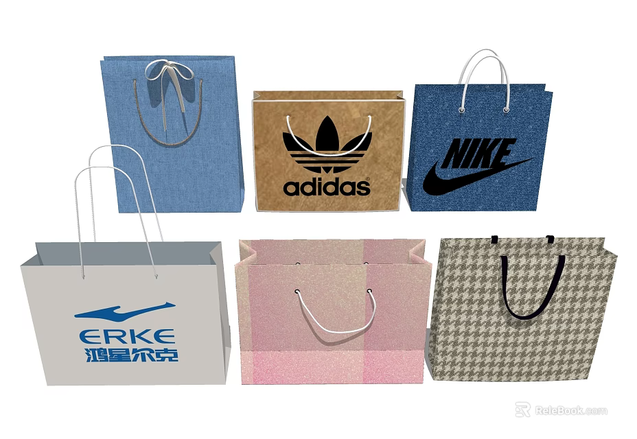 Various Branded Shopping Bags Including ERKE Adidas Nike In Blue Brown Pink Houndstooth 3d model 