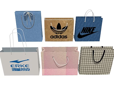 Various Branded Shopping Bags Including ERKE Adidas Nike In Blue Brown Pink Houndstooth 3d model