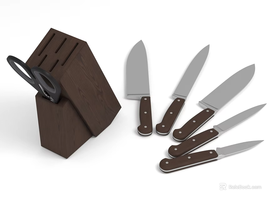 Kitchen Interior With Wooden Knife Block Various Knives And Scissors 3d model 