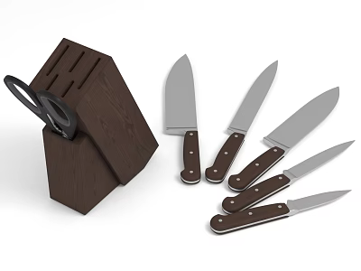 Kitchen Interior With Wooden Knife Block Various Knives And Scissors 3d model