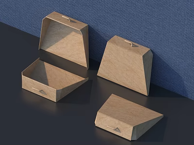 Wooden Storage Boxes In Various Shapes On Dark Surface With Blue Background 3d model