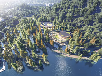 Scenic Forest Park With Circular Building Water Body And Walking Paths 3d model