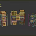 Rustic Wooden Storage Shelves With Stacked Crates Drawers And Compartments