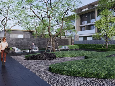 Modern Garden Landscape With Trees Lawn Stone Pathway And Seating Area 3d model