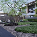 Modern Garden Landscape With Trees Lawn Stone Pathway And Seating Area