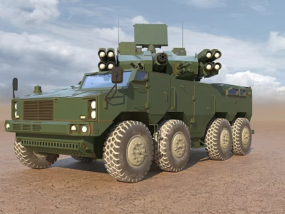 Green 8 Wheeled Military Tactical Vehicle With Weapon System And Radar In Desert Terrain 3d model