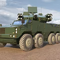 Green 8 Wheeled Military Tactical Vehicle With Weapon System And Radar In Desert Terrain