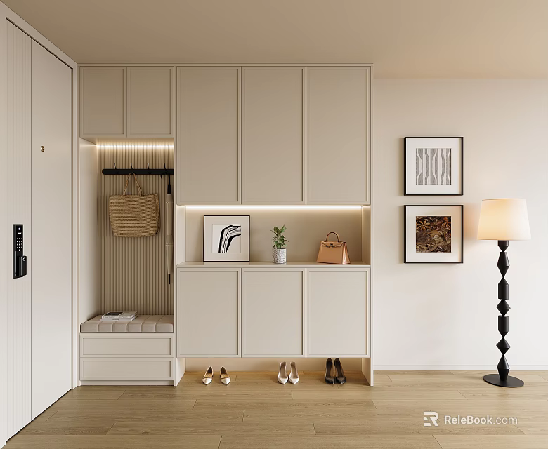 Modern Entryway Shoe Cabinet With Shoe Bench Clothing Rack Decorative Items And Light Colored Design 3d model 