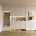 Modern Entryway Shoe Cabinet With Shoe Bench Clothing Rack Decorative Items And Light Colored Design
