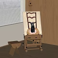 Violin and Art Supplies with Easel Canvas Black Cat Painting Wooden Cabinets Window Blinds