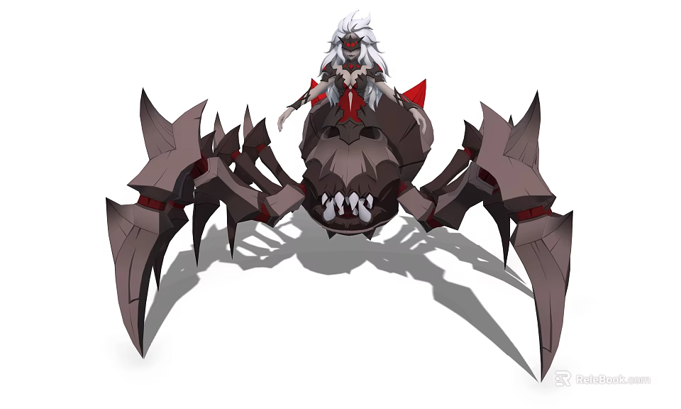 Game Movie Character With White Hair Riding Giant Spider With Spiked Legs And Dark Exoskeleton 3d model 