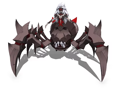 Game Movie Character With White Hair Riding Giant Spider With Spiked Legs And Dark Exoskeleton 3d model