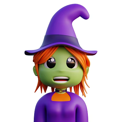 Cute Green Skin Game Character With Orange Hair And Purple Witch Hat 3d model Cute Green Skin Game Character With Orange Hair And Purple Witch Hat 3d model